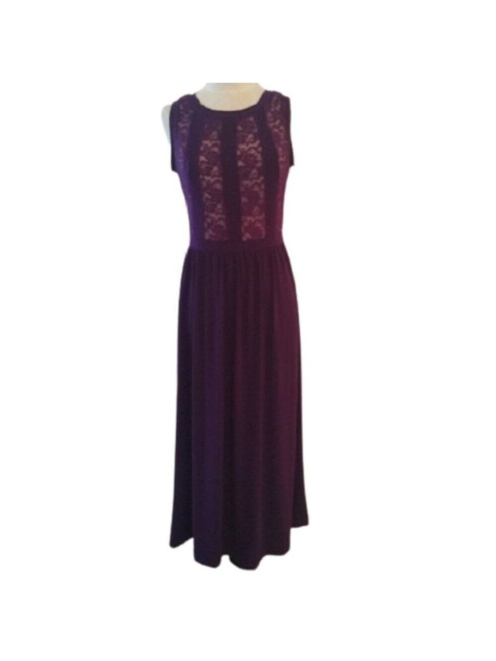 Candalite Lace Paneled Long Dress, Dark Plum Purple, Small